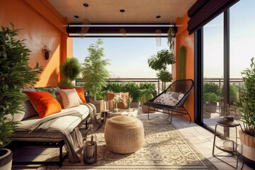 Cozy balcony with sofa and chairs. Orange, green and black colors. African eco interior design. Super photo realistic background, generative ai illustrarion