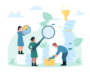 Bureaucracy and office paperwork vector illustration. Cartoon tiny people holding magnifying glass to research information reports, sorting pile and stack of paper documents to folders and archives
