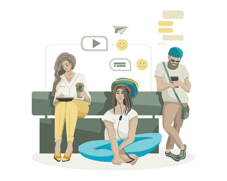 Digital gadgets. Female tapping on tablet screen during coffee break. Guy in wireless headphones listening to music. Man reading text message on smartphone. Vector illustration