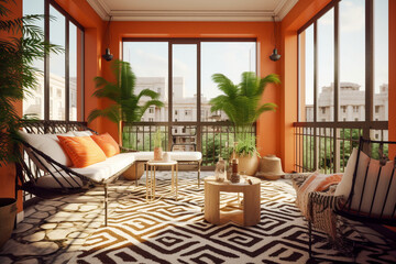 Cozy balcony with sofa and chairs. Orange, green and black colors. African eco interior design. Super photo realistic background, generative ai illustrarion