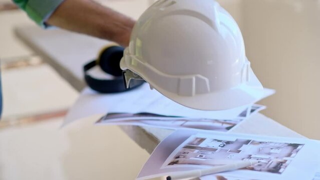 Skilled worker in uniform taking white protective helmet lying on heap of project papers specialist getting ready for renovation in room construction safety rules and equipment