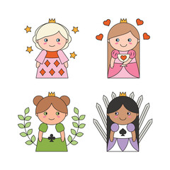 Cute princesses in colorful dresses in kawaii style. Girls in queen costumes of playing card suits. Hearts. Diamonds. Spades. Clubs. Vector illustration