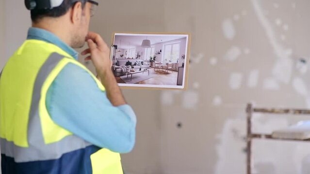 Focused worker holding picture in hands looks at interior design image in Scandinavian style man in professional uniform ready to start renovation process in apartment
