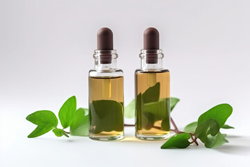 Cosmetic serum in a glass bottles with green leaves on light background. Generative AI