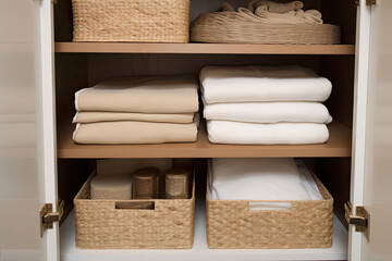 Bed linens closet arrangement on shelves. Minimalist comfortable storage. Generative AI