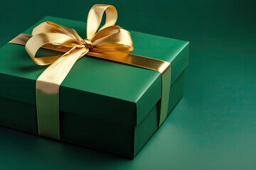 Gift box with golden satin ribbon and bow on green background. Generative AI