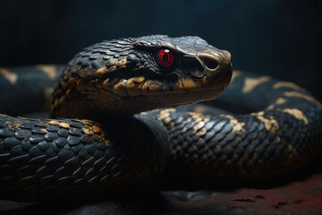 Fototapeta premium Ancient reptile with red eyes. Dangerous poisonous exotic snake. Generative AI