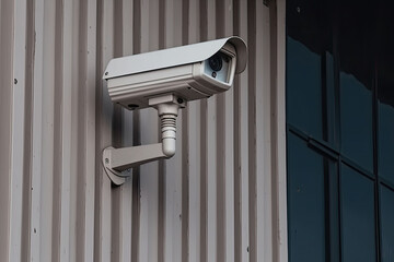 Security camera on modern building. CCTV on the wall in the city. Generative AI