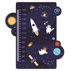 Kids height chart with cute space animals vector illustration. Cartoon funny cat and bear in spacesuit flying among rocket and satellite, comet and planets of outer space, kindergarden wall ruler.