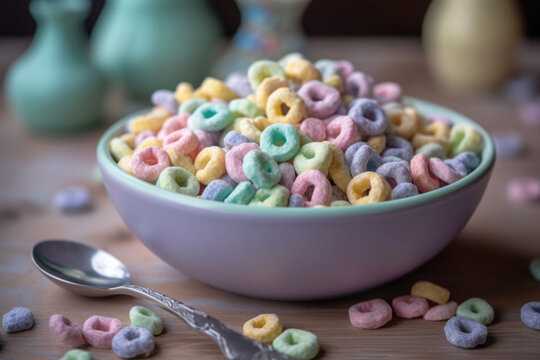 Pastel colored froot loops with small spoon. Delicious fruit cereal rings. Generative AI