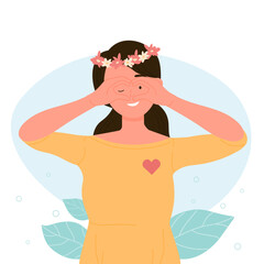 Cartoon woman with traditional wreath of flowers on head with heart showing gesture of love flat vector illustration