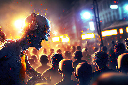 Techno zombie woth neon lights and shiny eyes. Cyberpunk horror party concept. Generated AI.