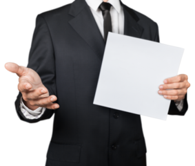 A businessman offering a handshake and holding a white blank