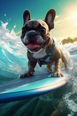 coole fröhliche französische Bulldoge Hund beim surfen auf einem Surfboard im Meer mit großen Wellen. Hochformat. Hochkant. Generative Ai.