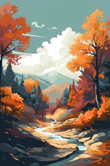 stained glass style illustration, with a rocky stream, trees and mountain, generative ai