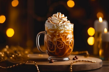 Vienna coffee in a tall glass with whipped cream. Generative AI illustration - obrazy, fototapety, plakaty