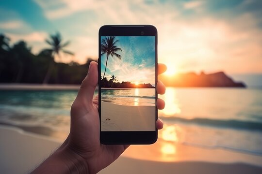 Picture of mans hand holding smartphone with beautiful picture on screen. Tropical beach with palms white sand and turquose water. Generative AI