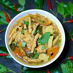 Spicy Stewed Chicken Feet Tom Yum with Fresh Chili, Lemongrass, Kaffir Lime Leaves