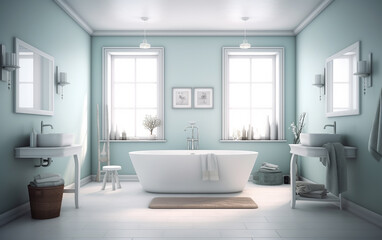 Naklejka na ściany i meble bathroom.With its white walls and minimalist features, this bathroom exudes a simple Scandinavian style. Generative AI