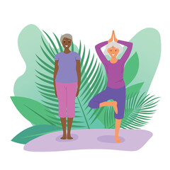 Senior women doing yoga. Old ladies makes morning yoga or breathing exercises. Isolated vector illustration. Mental health concept