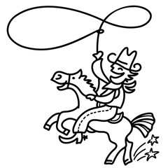 Cowboy with lasso driving horse isolated on white for design. Vector country ranch line art doodle style illustration