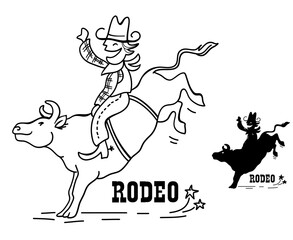 Bull rider cartoon vector illustration isolated on white. Vector funny cowboy riding a bull with rodeo text