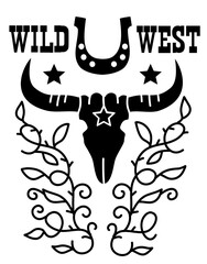 Wild West with cow bull and horseshoe decoration. Vector cowboy rodeo silhouette on white background.