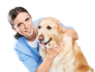 Happy young couple holding their dog