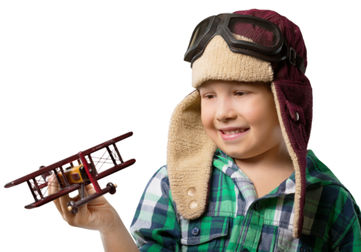 Little boy with wooden plane isolated on white background