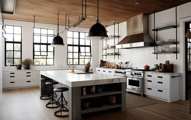 A dramatic white and gray kitchen featuring a bold. AI generated