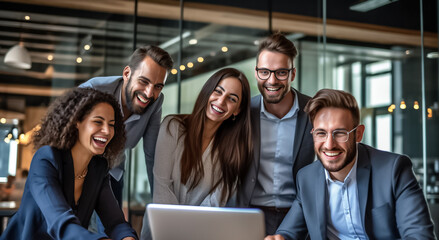 Obraz premium A team of professionals, both men and women in a modern office, showcasing their enthusiasm and camaraderie as they pose for a group photo while working on laptops. generative AI.