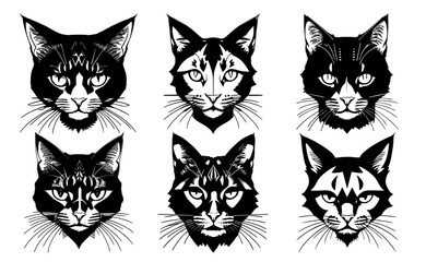 Fototapeta premium Set of cat heads with different calm expressions of the muzzle. Symbols for tattoo, emblem or logo, isolated on a white background.