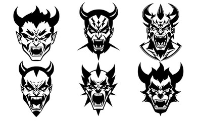 Set of horned devil heads with open mouth and bared teeth, with different angry expressions of the muzzle. Symbols for tattoo, emblem or logo, isolated on a white background.