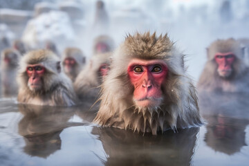 Snow Monkeys' Winter Solace: Japanese Macaques Basking in Jigokudani Hot Spring