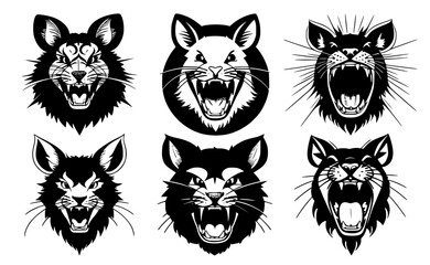 Set of mouse heads with open mouth and bared fangs, with different angry expressions of the muzzle. Symbols for tattoo, emblem or logo, isolated on a white background.