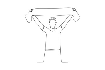 A man excitedly lifts a football team. Football supporter one-line drawing