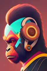 gorilla wearing head phone created using retro design created for t-shirt designs