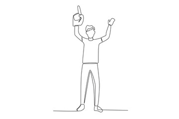 A man is happy to be a football supporter. Football supporter one-line drawing