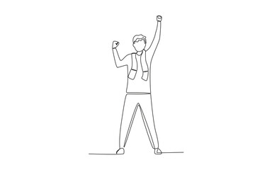 A woman holds up the flag of her favorite team. Football supporter one-line drawing