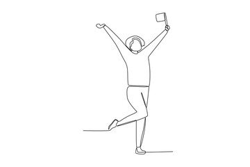 A male supporter raised his hand. Football supporter one-line drawing