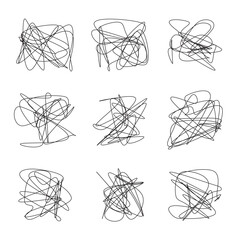 Set of scribble chaotic lines. Hand drawing insane tangled scribble clew. Vector icon isolated on white background.