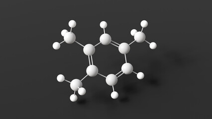pseudocumene molecule, molecular structure, 1.2.4-trimethylbenzene, ball and stick 3d model, structural chemical formula with colored atoms