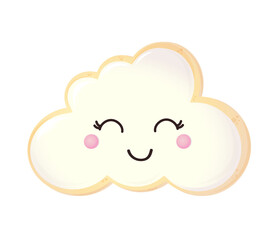Delicious cookie with a painted smiling cloud on a white background