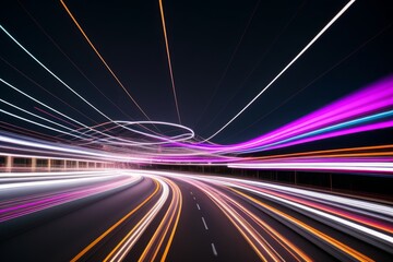 Light motion trails. Speed light streaks with blurred fast moving light effect, red white colors on black. Racing cars dynamic flash effects city road with long exposure night light. Generative AI