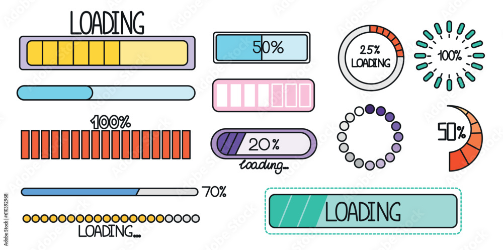 Poster loading progress bar icons in doodle style. hand drawing loader button and updated progress circle. 