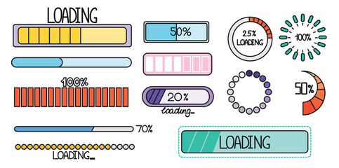 Loading progress bar icons in doodle style. Hand drawing loader button and updated progress circle. Upload status collection, percent done indicator or download round process. User interface design.