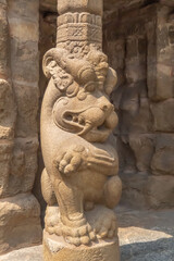 Fototapeta na wymiar Old sculpture of mythological lion at Kailasanatha temple, Kanchipuram (Kancheepuram Kanjivaram), Tamil-Nadu, India.