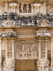 Old sculpture of Pallava king at historic Kailasanatha temple with elephant and mythological lion, Kanchipuram (Kancheepuram Kanjivaram), Tamil-Nadu, India.