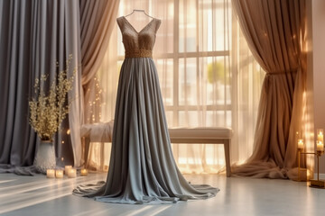 Elegant woman's wedding dress in the clothing store. Super photo realistic background, generative ai illustration