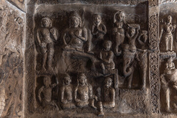 Ancient stone sculptures in Vaikunta Perumal temple, one of 108 divya desams located in Kanchipuram